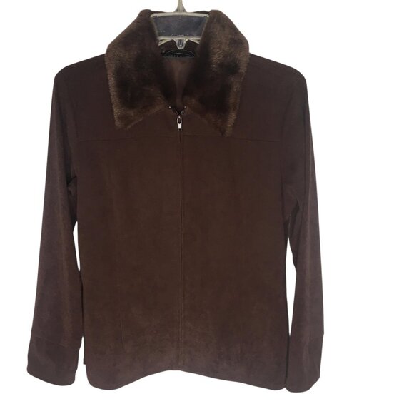 Selene Sport Jacket Womens Small Brown Faux Fur Collar Full Zip Lined Microsuede - Picture 1 of 14